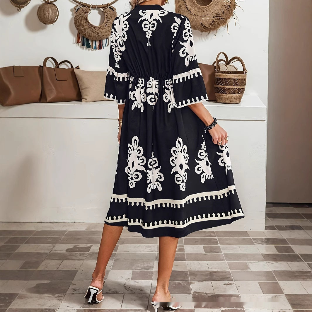 Summer New Women's Clothing V-neck Casual Style Loose Print Dress