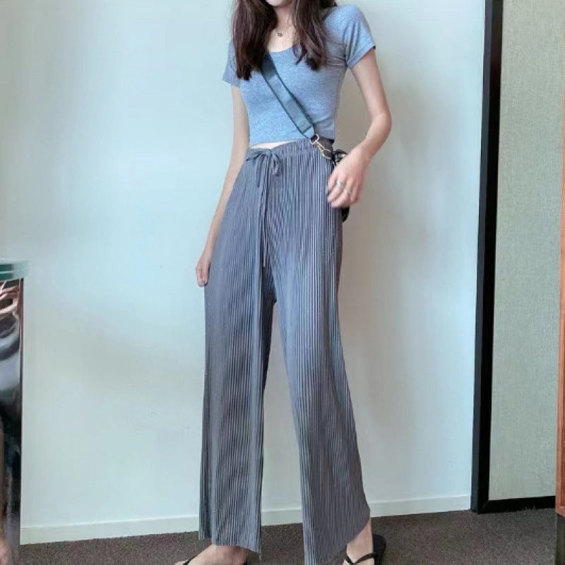 Loose Straight Pleated Ice Silk Leggings Draped Pants Thin High Waist