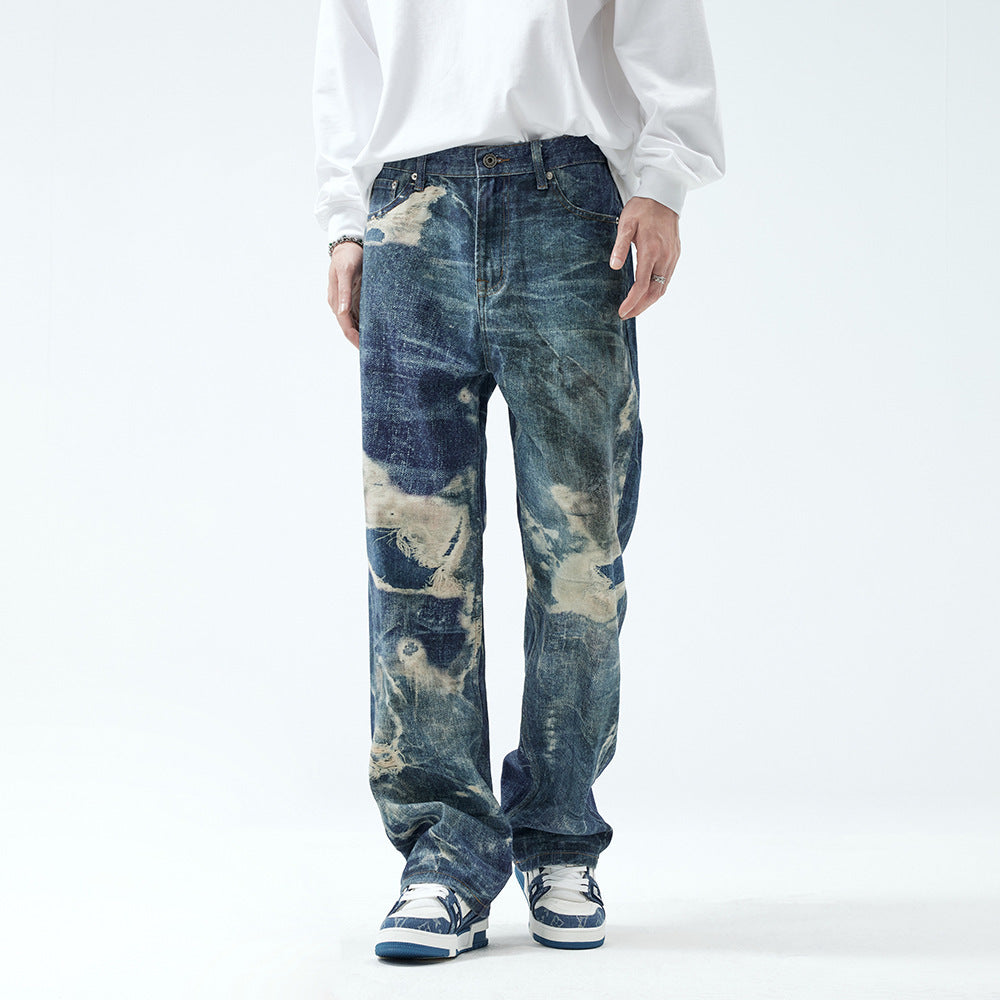 Fake Ripped Jeans Men's Fashion Straight Trousers