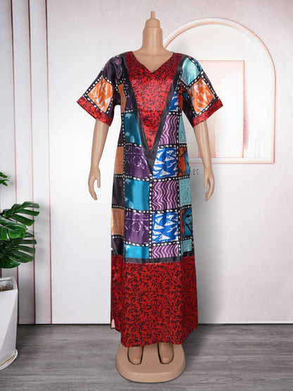 Fashion Women Printing Color Contrast Long Robe