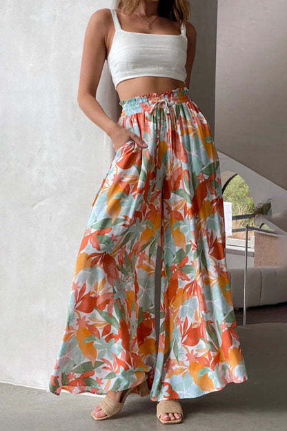 Flowers Printed Wide-leg Trousers Summer Casual Straight Pnats For Women Beach Clothing