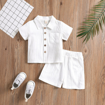 Cotton And Linen Short-sleeved Lapel Polo Shirt Solid Color Boys' Two-piece Suit