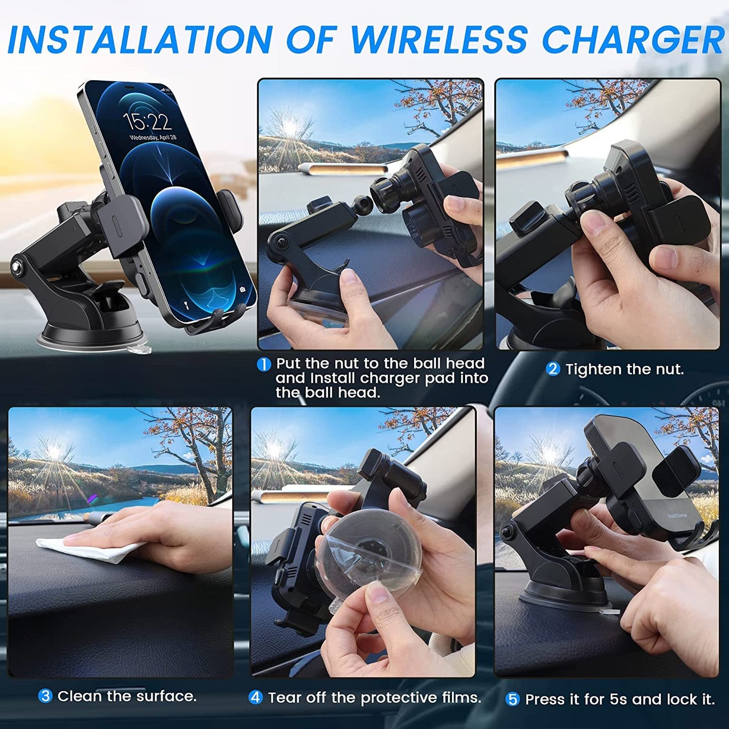 Wireless Car Charger, Fast Charging 15W Auto Clamping Car Charger Phone Holder Phone Mount