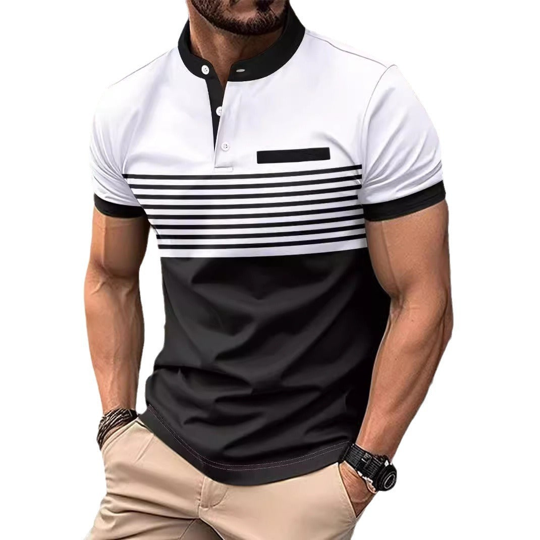 Multicolor Printing Striped Stand Collar Top For Men