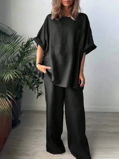 2pcs Women Solid Color Crew Neck Short Sleeve Top And Long Pants Casual Outfit