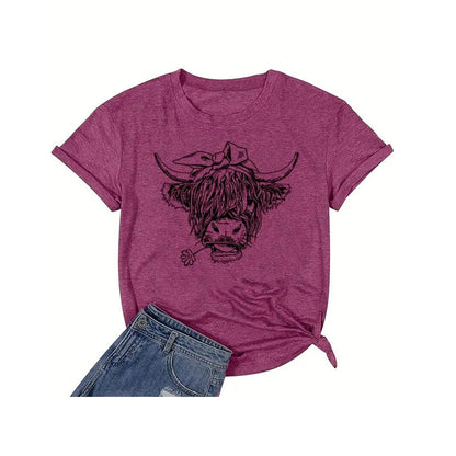 Women's Bull Head Print Short Sleeve T-Shirt Casual Crew Neck Summer Graphic Tee