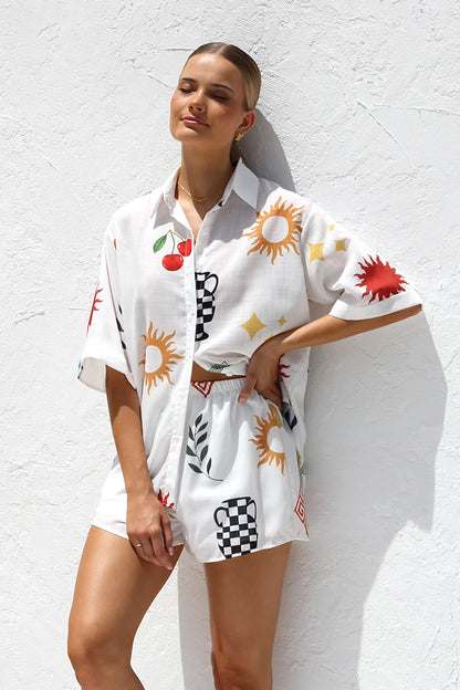 Fashion Women's Printed Loose Shirt Shorts Suit