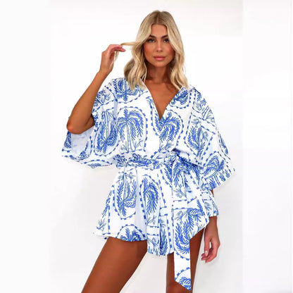 Women's Printed Lace Up Waist-tight Cardigan 5-point Sleeve One-piece Shorts