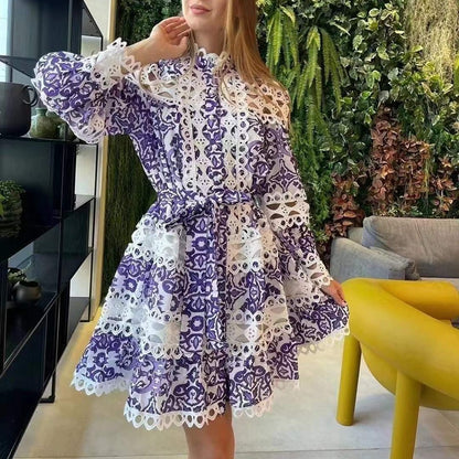 Retro Heavy Industry Elegant Printed Hollow Stand Collar Long Sleeve Dress