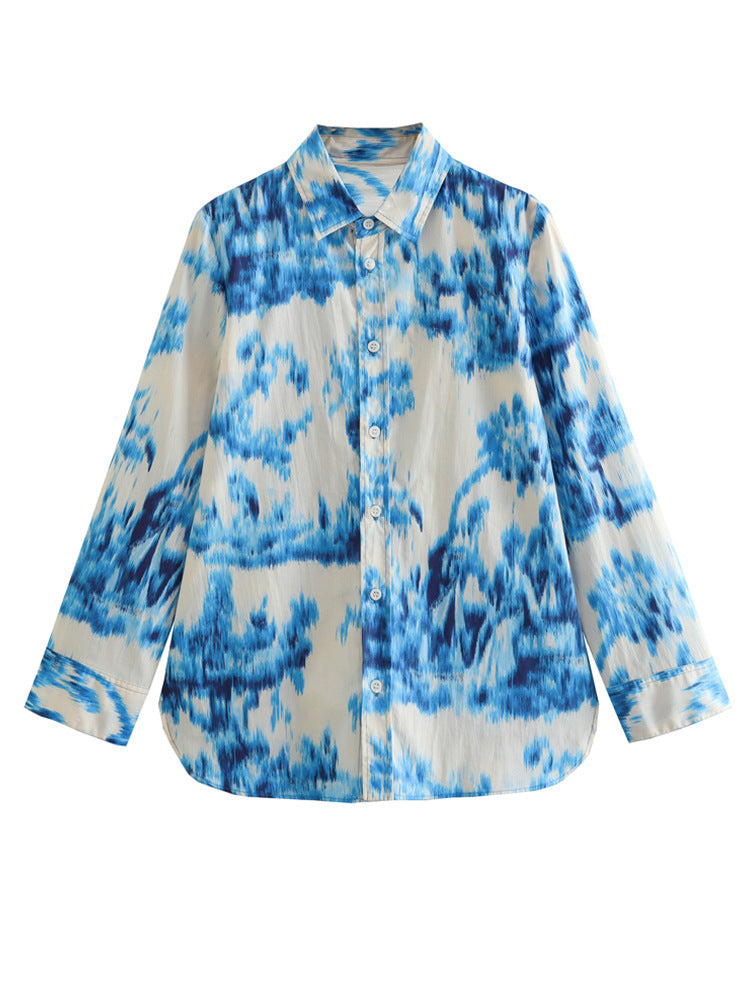 Lapel Loose Printed Poplin Shirt Printed High Waist Skirt