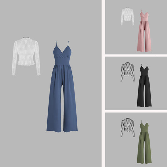 Lace Long Sleeve Sling Slim Fit Bodysuit V-neck Wide Leg Suit