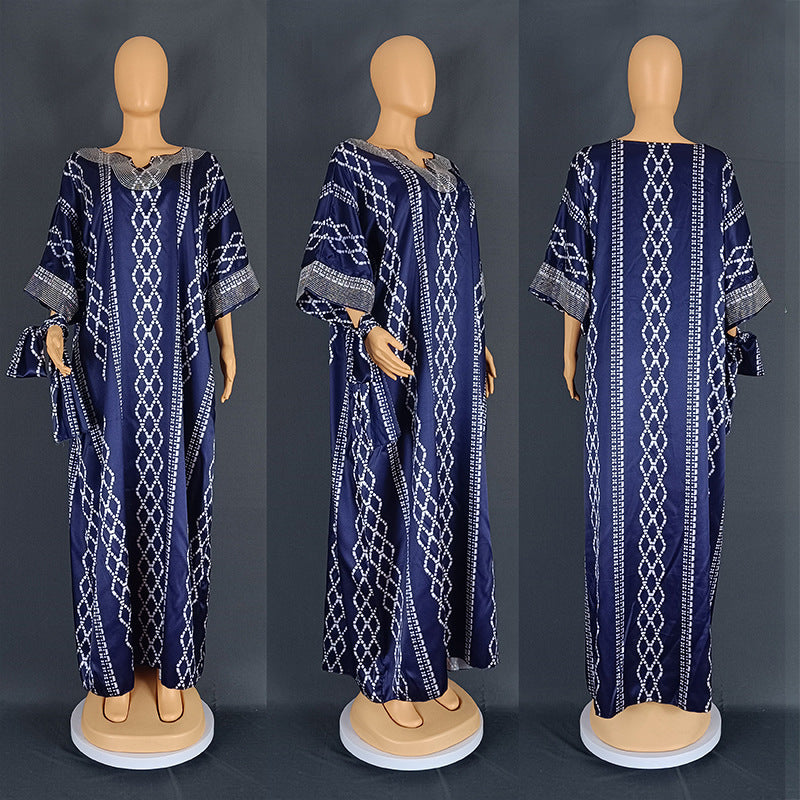 Middle East Striped Loose Robe African Dubai Arabic Satin Hot Drilling Stitching Dress