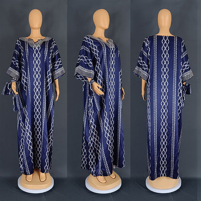 Middle East Striped Loose Robe African Dubai Arabic Satin Hot Drilling Stitching Dress
