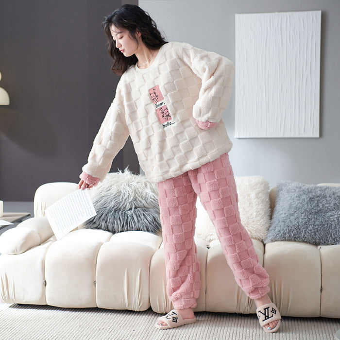 Cartoon Coral Fleece Pajamas Women's Pullover Long-sleeved Thickened Warm