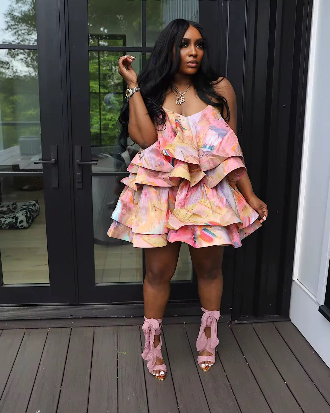 Light Color Printing Layer Fishbone Sling Short Dress