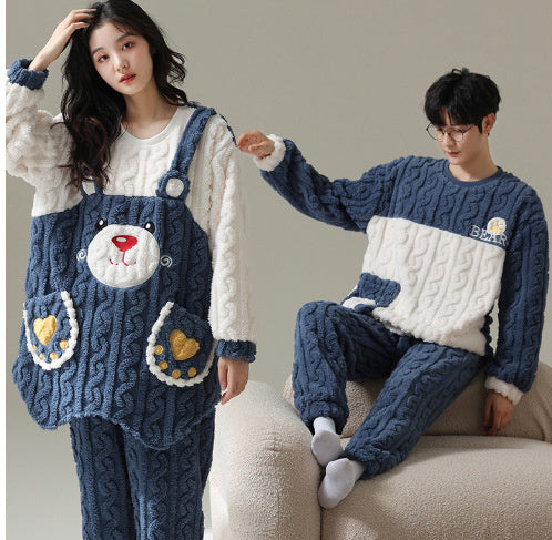 Winter Flannel Pyjamas Female Couple Thermal Cover Cute Student Men's Casual Cartoon Homewear Set Velvet