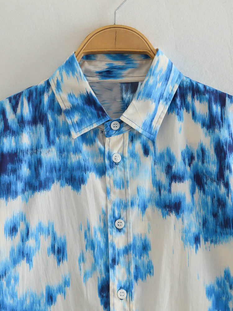 Lapel Loose Printed Poplin Shirt Printed High Waist Skirt