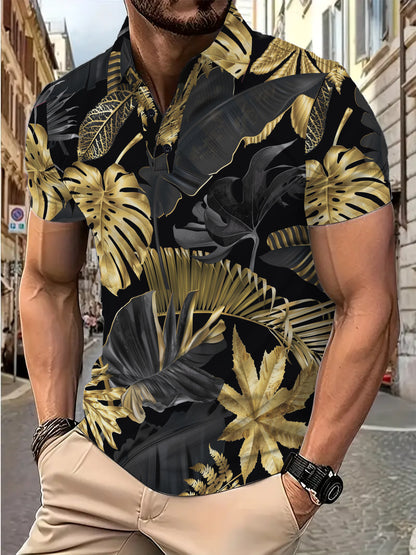 Men's Printed Gold Tropical Plant Pattern Short Sleeve Fashion Printed Shirt