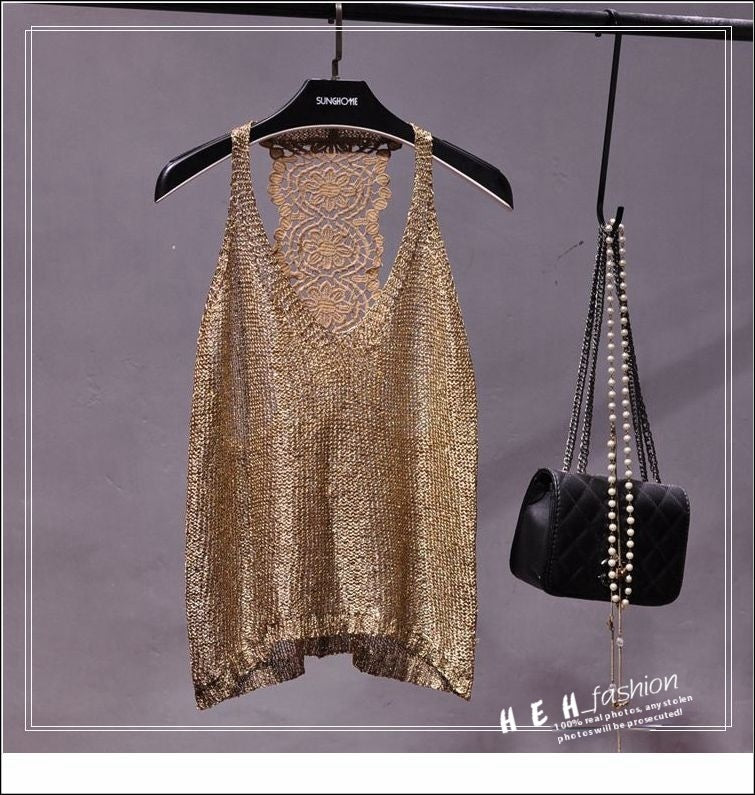 Sexy Off-shoulder Vest Halter Sequined Lace Top