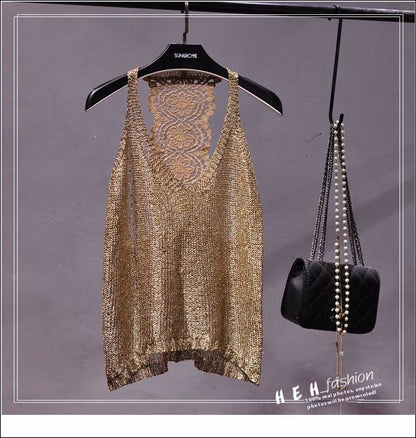 Sexy Off-shoulder Vest Halter Sequined Lace Top