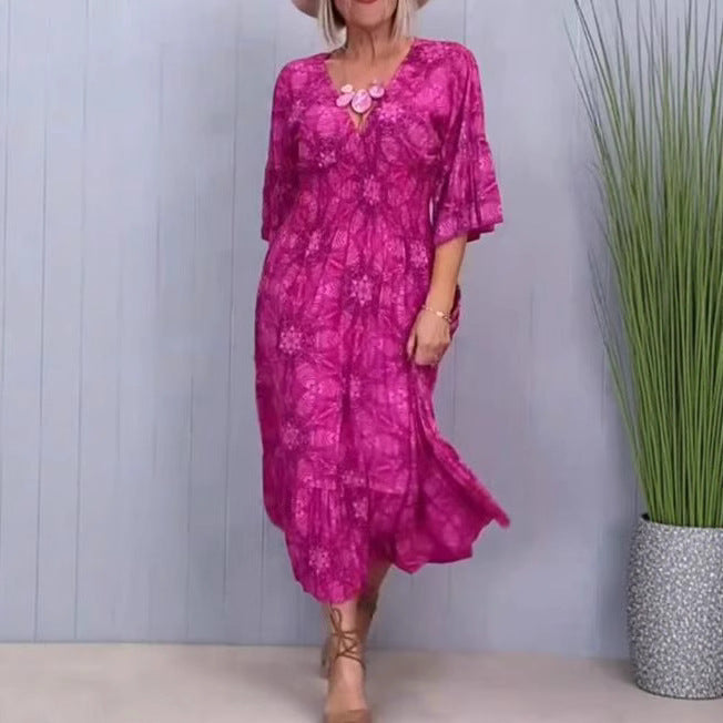 European American Fashion Floral Print V-neck Elegant Dress