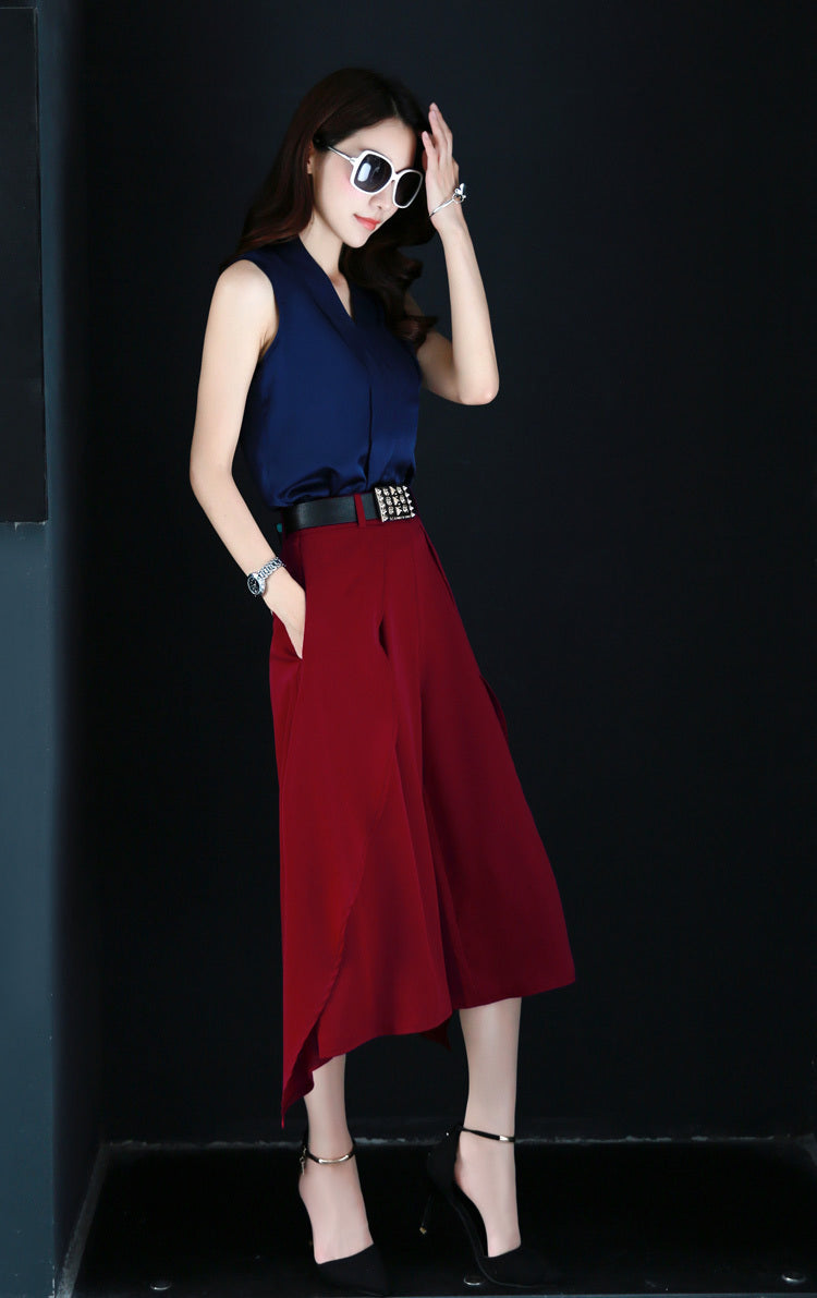 Silk satin slim fit V-neck sleeveless off-shoulder tank top