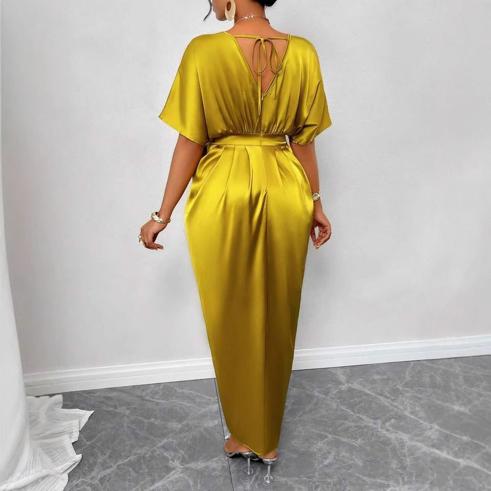 V-neck Short Sleeve High Waist One-step Slit Dress