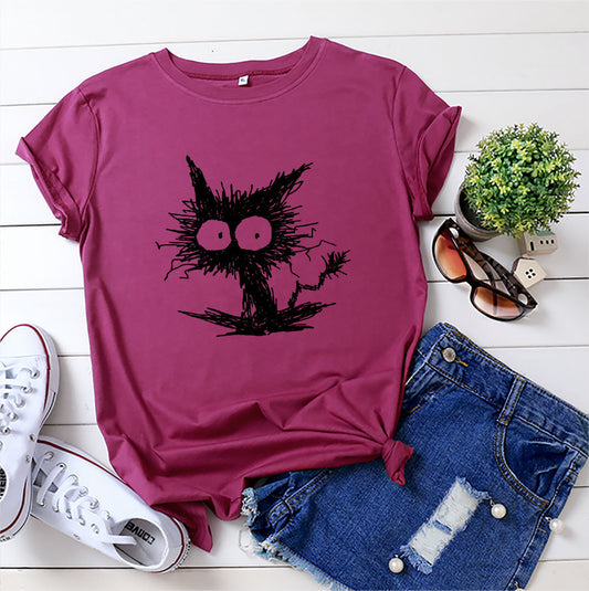 Spot Amazon Ebay European And American Fashion Cross-border Hot Sale Cat Printing Casual Cotton Short Sleeve T-shirt Women's Clothing