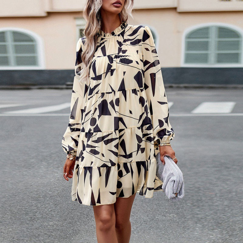 Puff Sleeve Elegant Long Sleeve Printed Dress