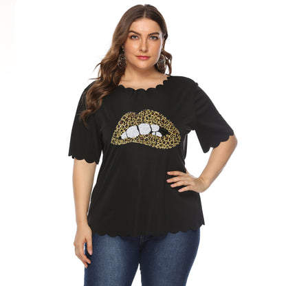Leopard print lips wavy short sleeve T-shirt
