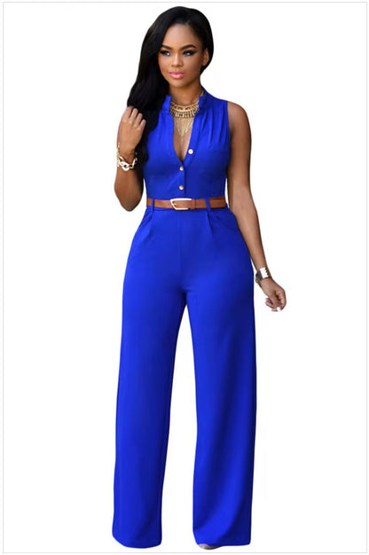 Single-Breasted High-Waisted Wide-Leg Jumpsuit With Belt