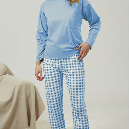 Plaid Printed Pocket Round Neck Long Pajamas Suit