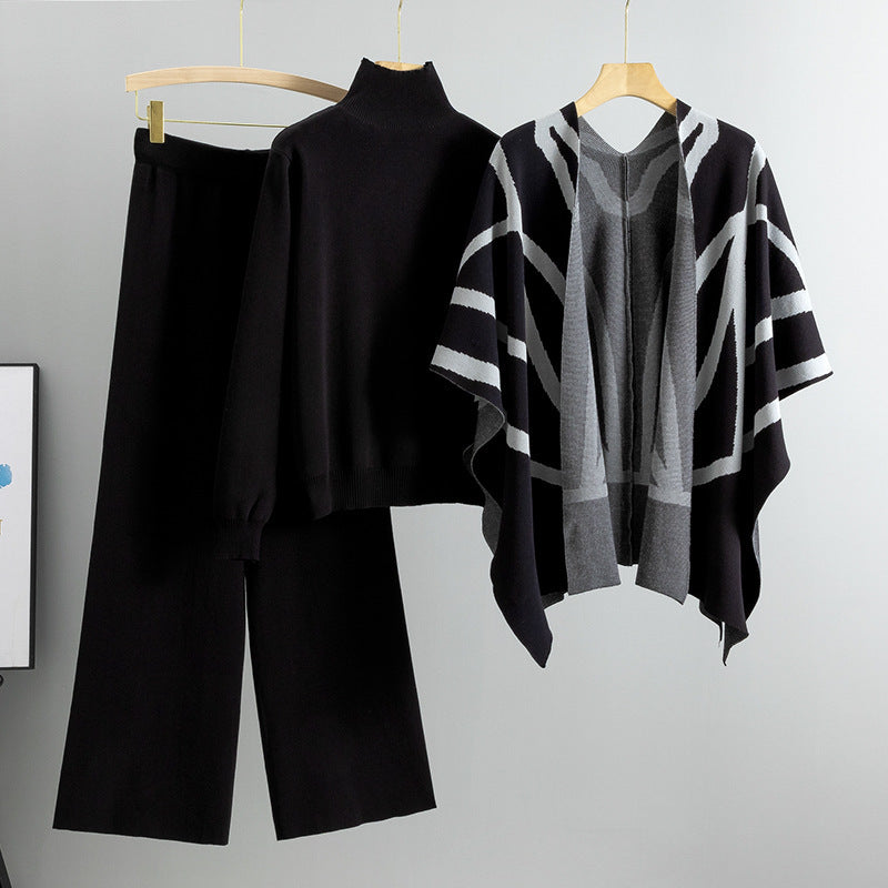 New Elegant Knitted Sweater Shawl Wide Leg Pants Three-piece Set
