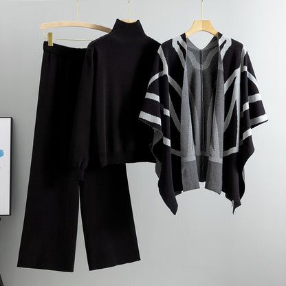 New Elegant Knitted Sweater Shawl Wide Leg Pants Three-piece Set