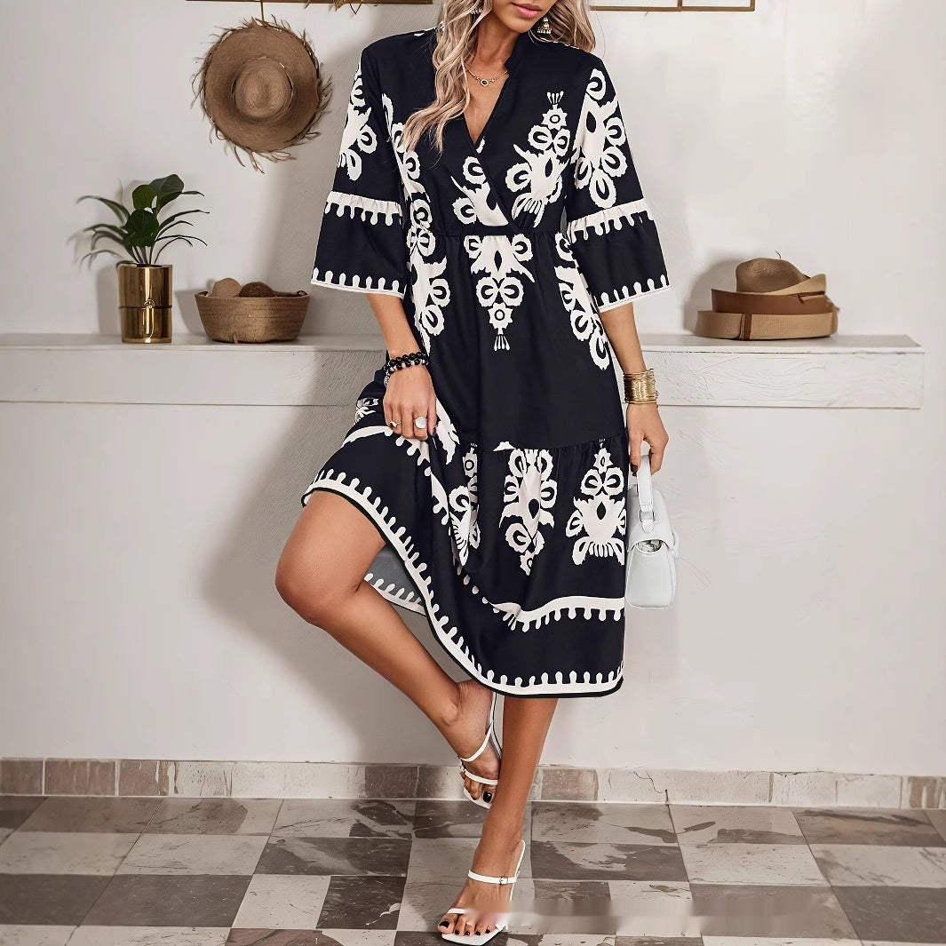 Summer New Women's Clothing V-neck Casual Style Loose Print Dress