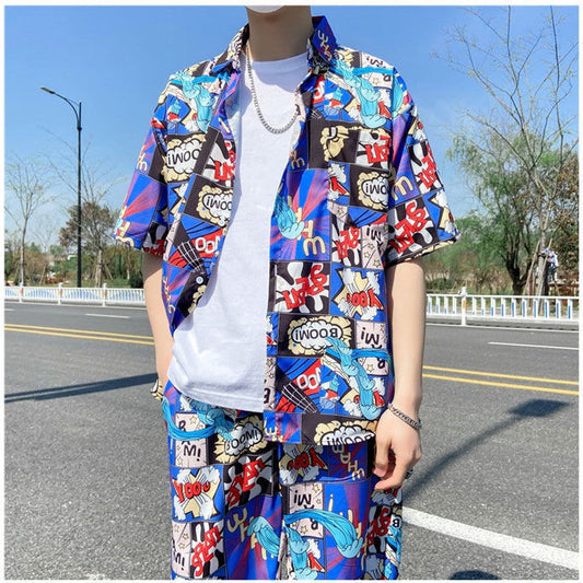 Fashion Ice Silk Short Sleeve Flower Shirt Suit For Men