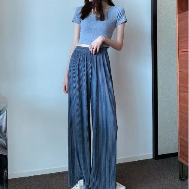 Loose Straight Pleated Ice Silk Leggings Draped Pants Thin High Waist