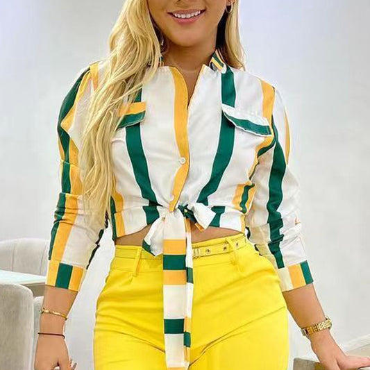 Women's Fashion Casual Striped Digital Printing Knotted Short Suit Collar Top