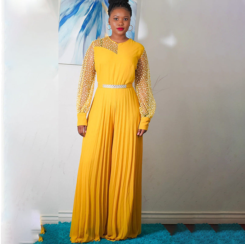 Fitted Waist Pleated One-piece Wide-leg Pants