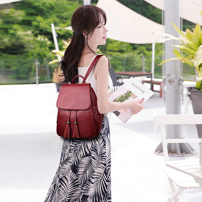 Ladies Large-capacity Soft Leather Backpack With Fringe