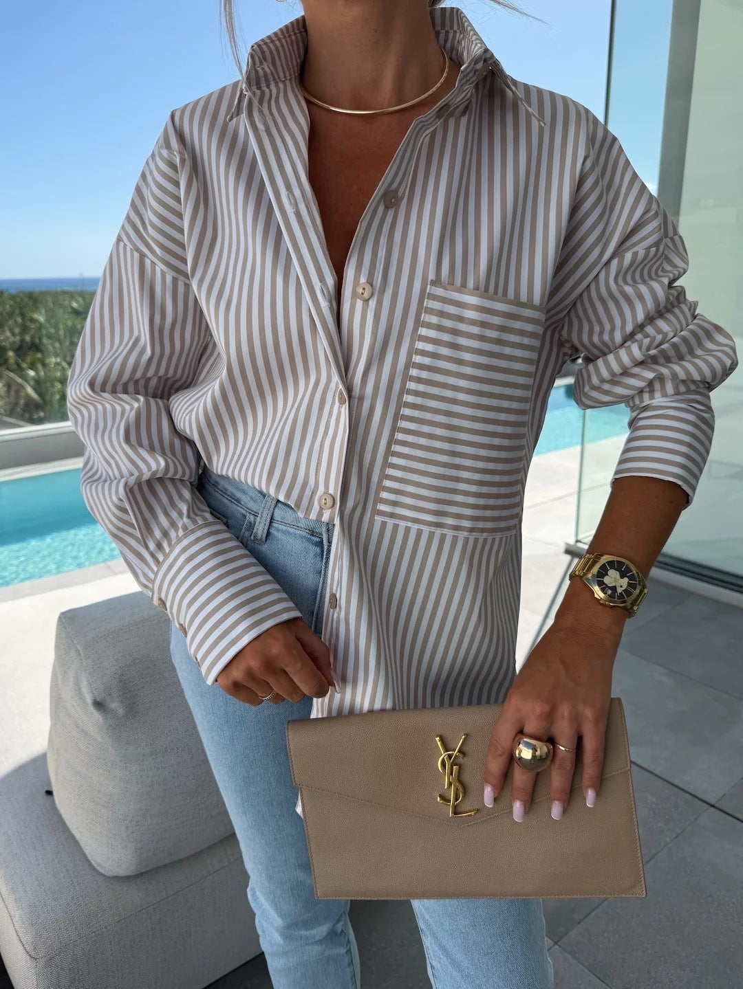 Fashion Casual Button Striped Printed Long Sleeves Shirt
