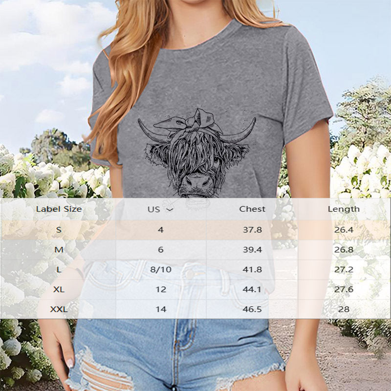 Women's Bull Head Print Short Sleeve T-Shirt Casual Crew Neck Summer Graphic Tee