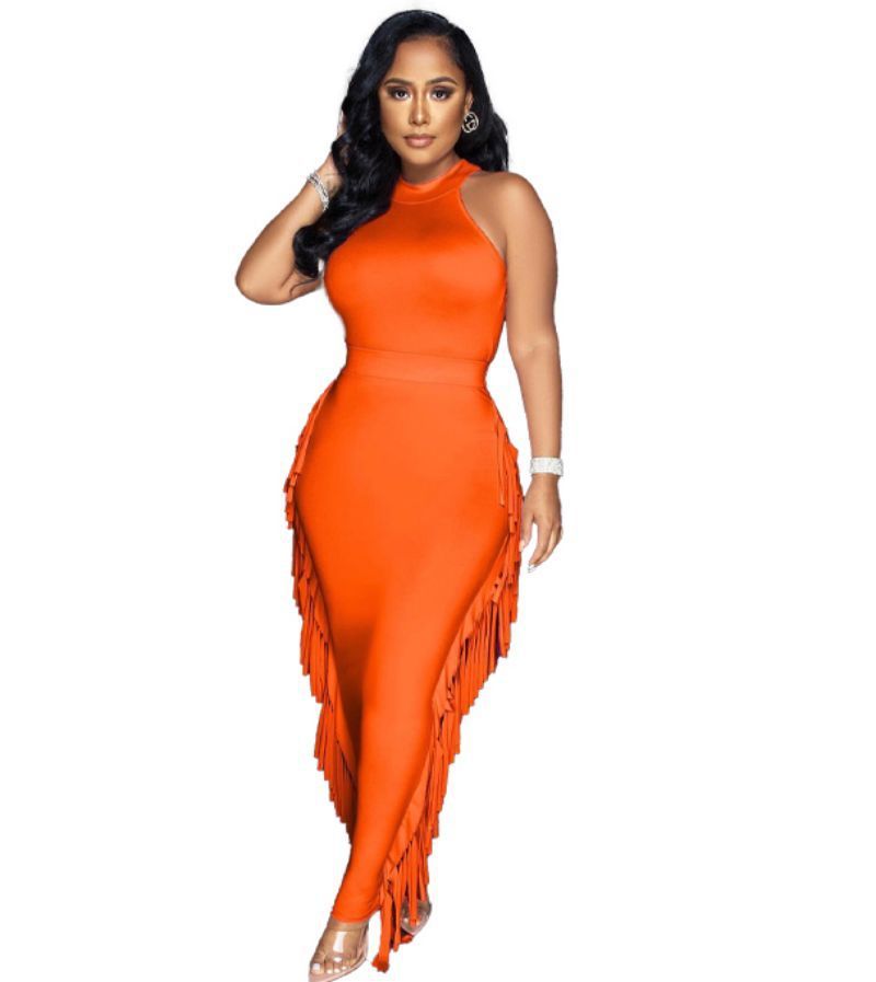 Halter Solid Color Tassel Dress Two-piece Set