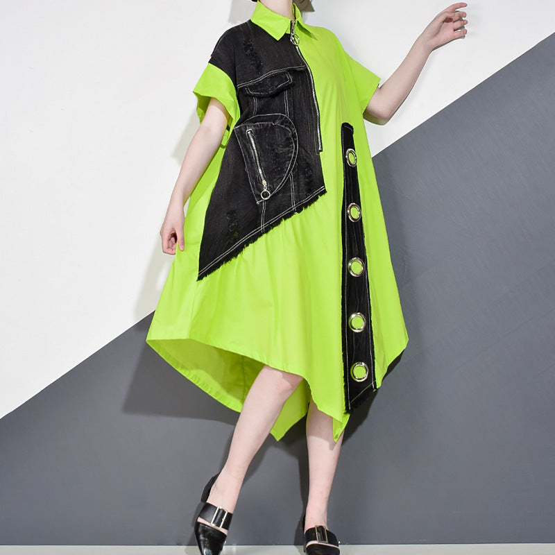 Thin Polo Collar Short Sleeve Irregular Dress