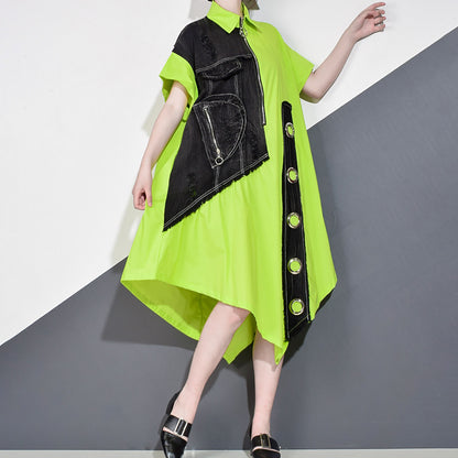 Thin Polo Collar Short Sleeve Irregular Dress