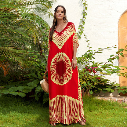 Rayon Printed V-neck Long Skirt Holiday Dress