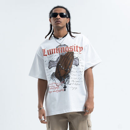 Vintage Cross Letter Printed Loose Short Sleeve T-shirt Men