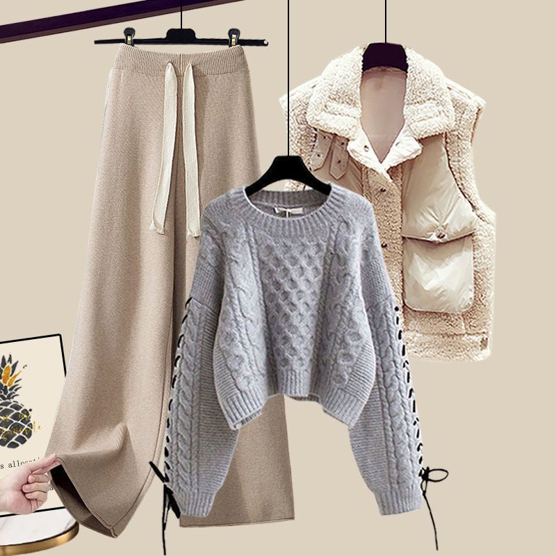 Women's Autumn And Winter Thickened Vest All-matching Knitted Sweater Wide Leg Pants Three-piece Suit