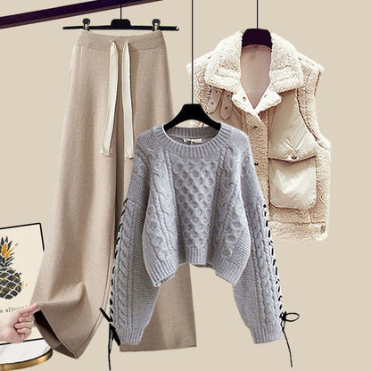 Women's Autumn And Winter Thickened Vest All-matching Knitted Sweater Wide Leg Pants Three-piece Suit