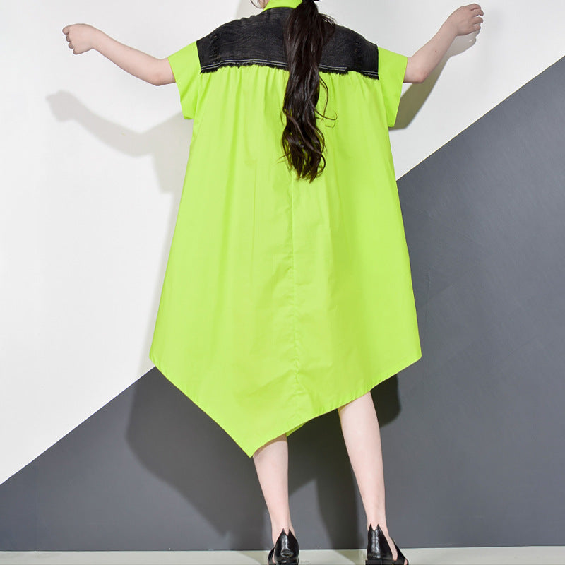 Thin Polo Collar Short Sleeve Irregular Dress